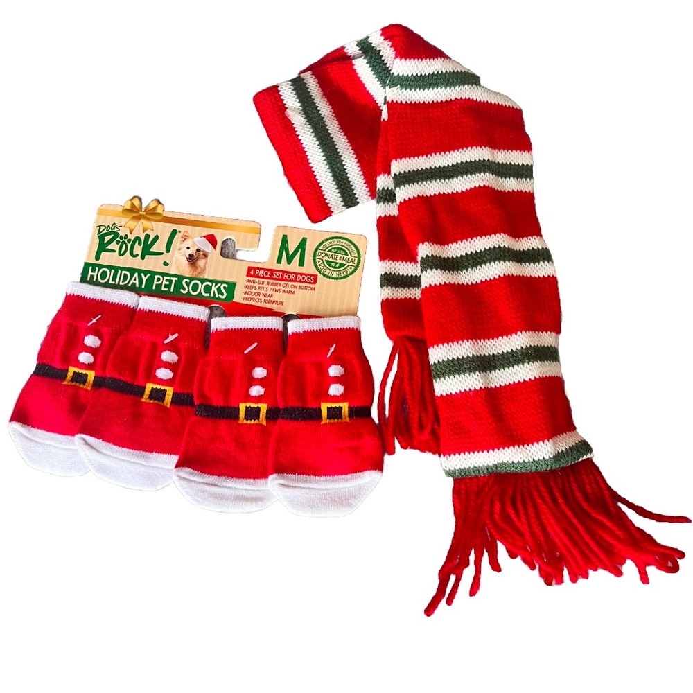 Pup Dog Xmas Christmas Holiday Pet Knit Anti-Slip Socks and Scarf Sz Medium NWT